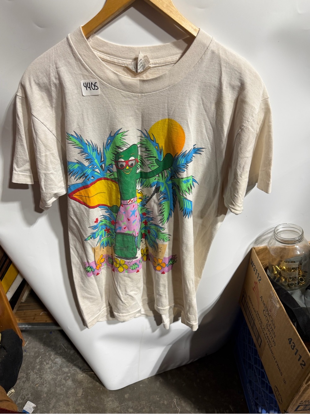 #4405-Lucky Brand Cream Tee with Green Tropical Character and Yellow Sun